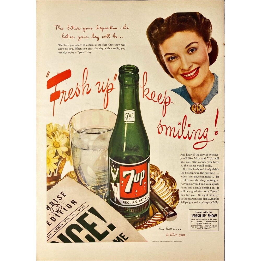 7UP "Fresh up - Keep Smiling! -You like it-It likes you" Vintage Print Ad 1945